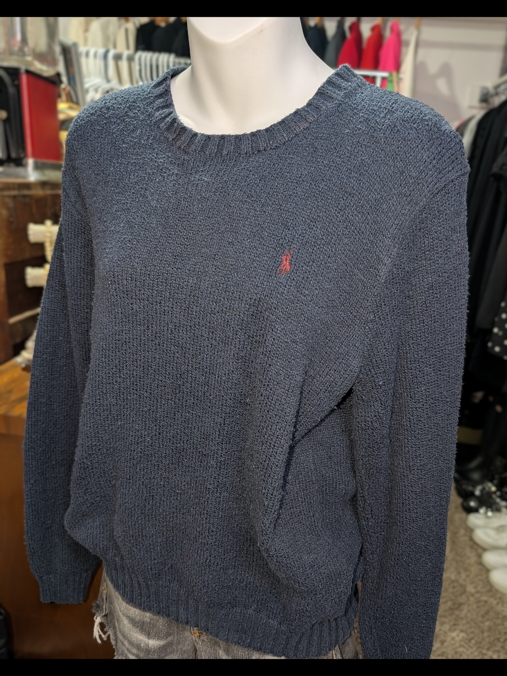Polo by Ralph Lauren Men’s Navy Crewneck Sweater with Red Pony